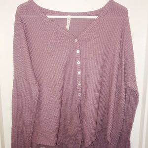 purple button down sweater
